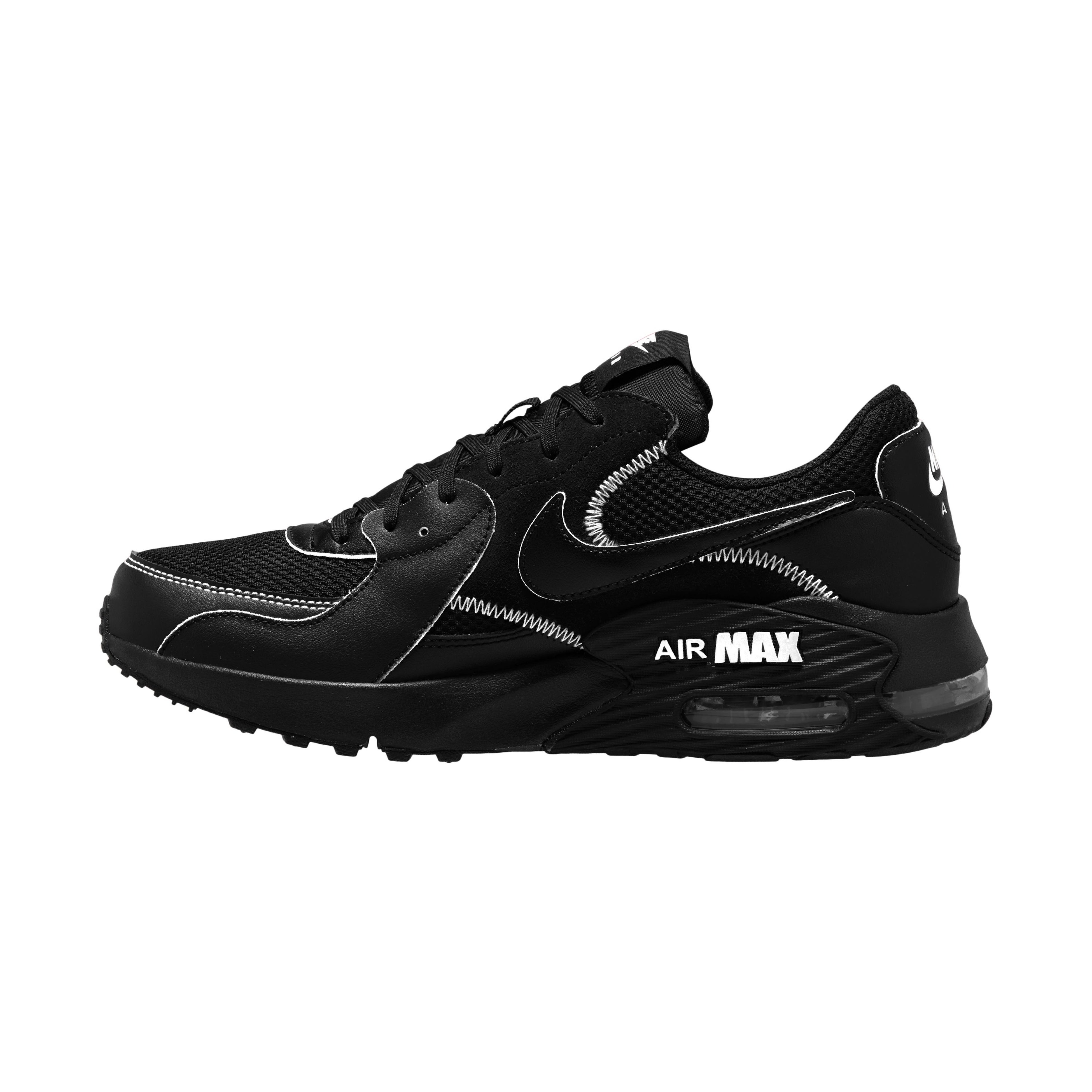 NIKE AIRMAX EXCEEの010BLACK/BLACK。側面のラインとヒールのエアユニットが見える商品単体写真
