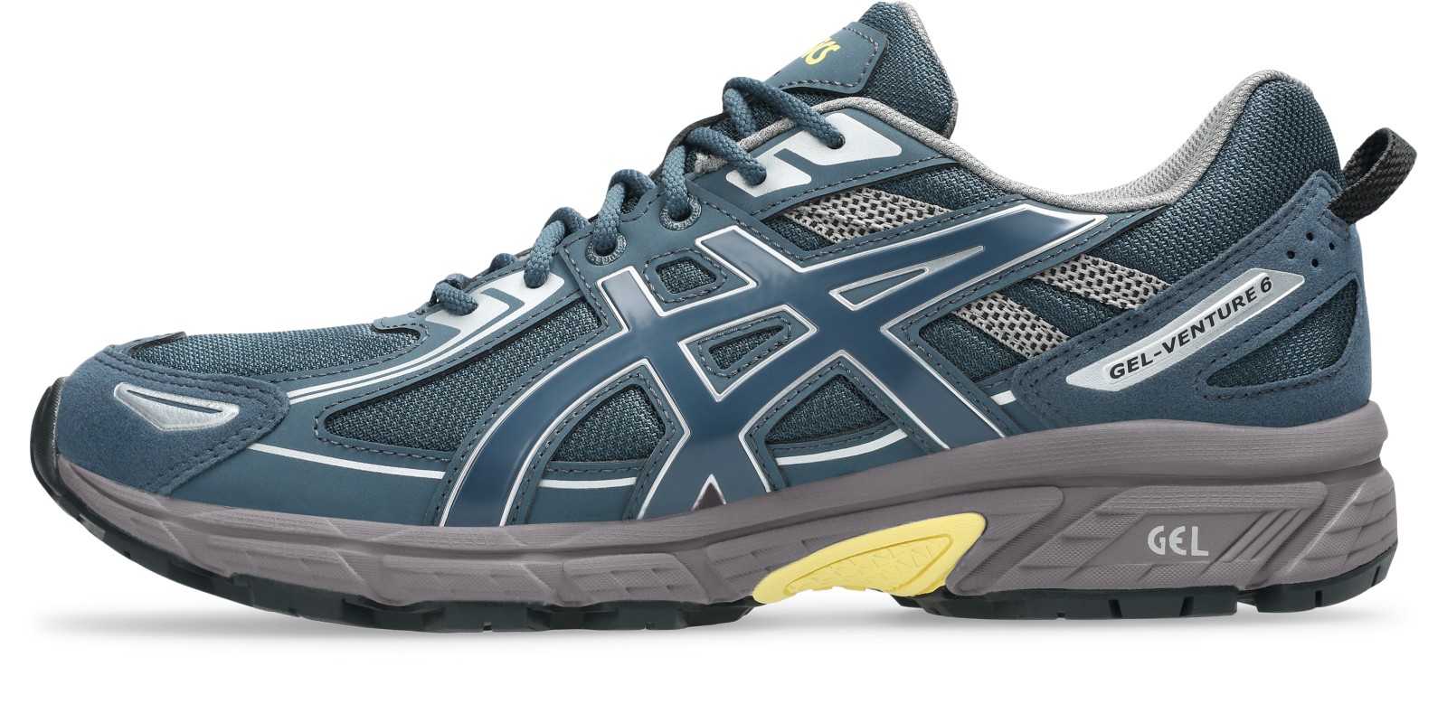 外側面：青系の重なりと黄色の差し色。写真：ASICS公式1203A438-400商品ページ