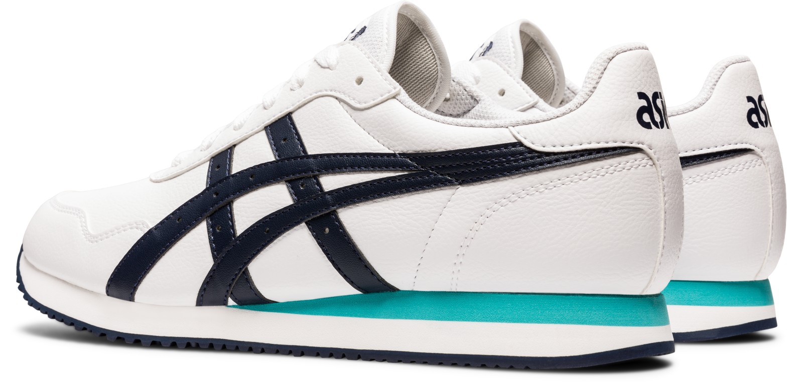 斜め後ろ：踵へ集まるストライプと緑のライン。写真：ASICS公式1191A301-100商品ページ
