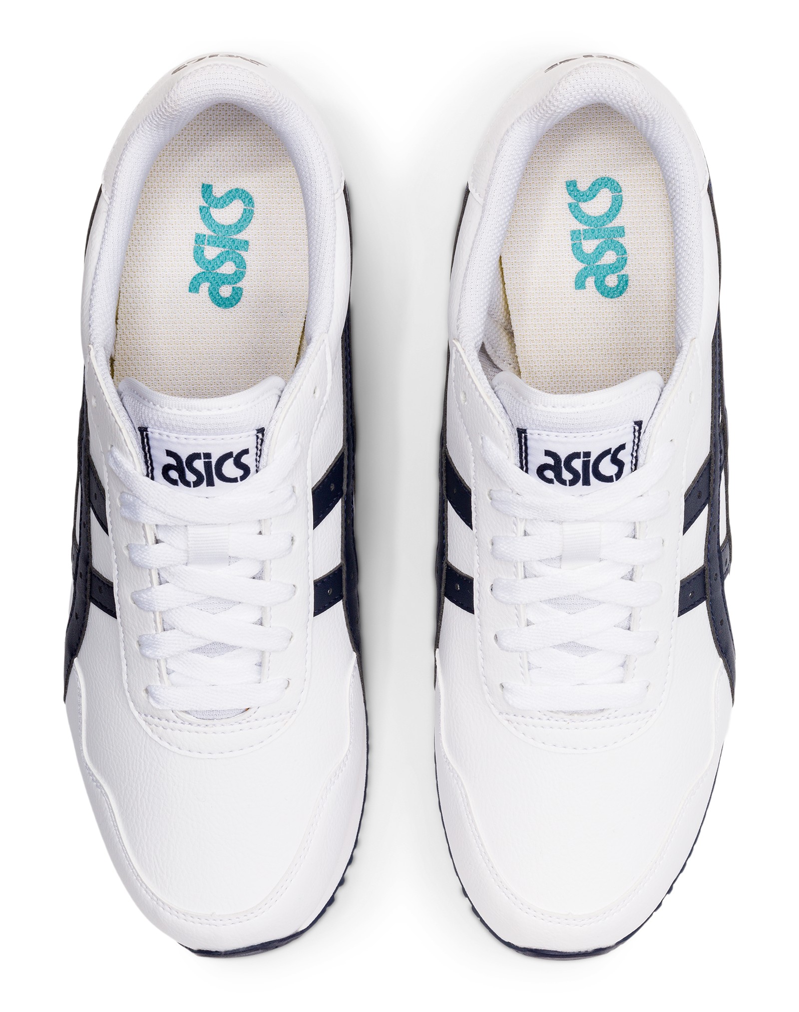 真上：白いひも・タン・中敷の緑ロゴ。写真：ASICS公式1191A301-100商品ページ