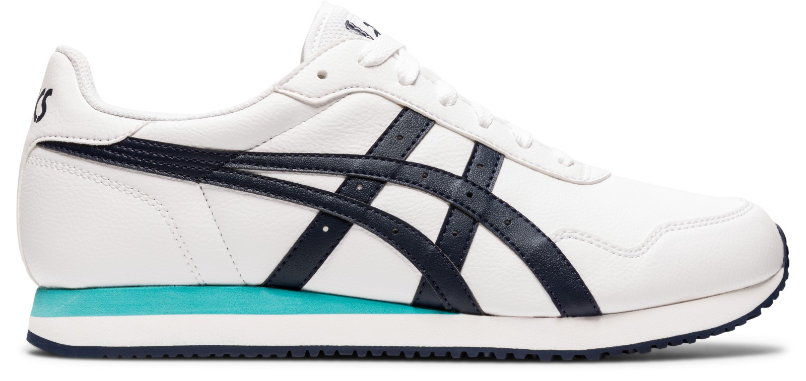側面：白いアッパー・濃色ストライプ・緑のヒール差し色。写真：ASICS公式1191A301-100商品ページ