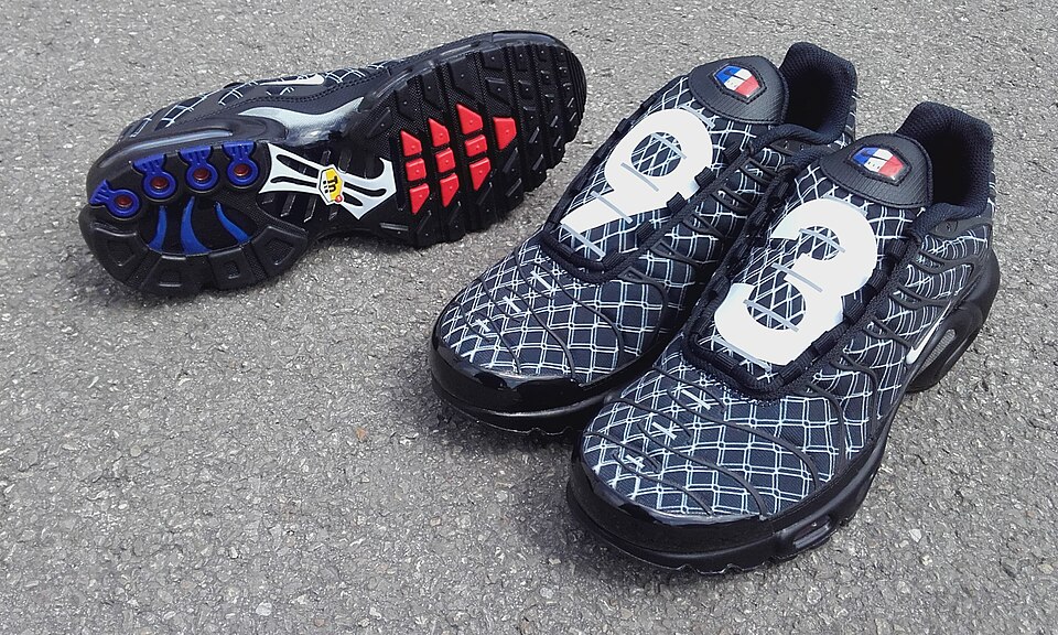黒地に白い格子と大きな93、青と赤の靴底が見えるNike Air Max Plus DV3194-001